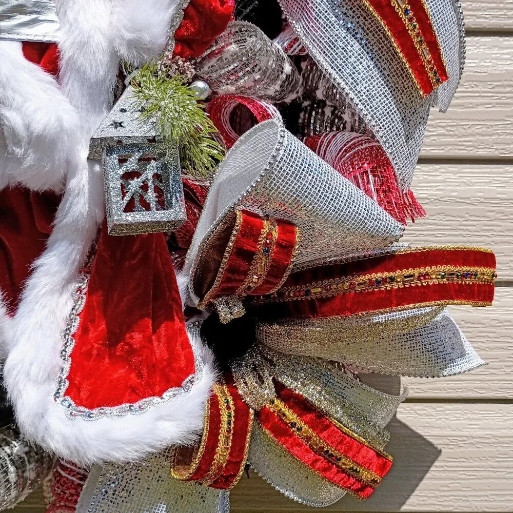 Santa Christmas Wreath, Deluxe Christmas Wreath, Silver Red Mesh Wreath